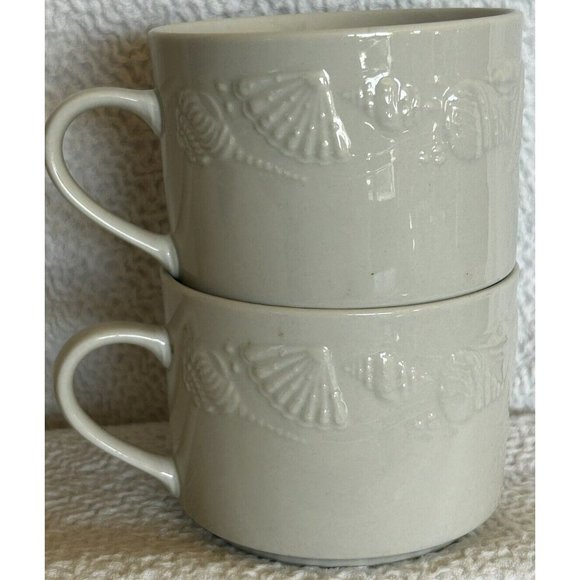 Lynn’s Stoneware Seashore Set Of 2 Coffee Cups c1997-2008 Embossed Seashells - Picture 4 of 13